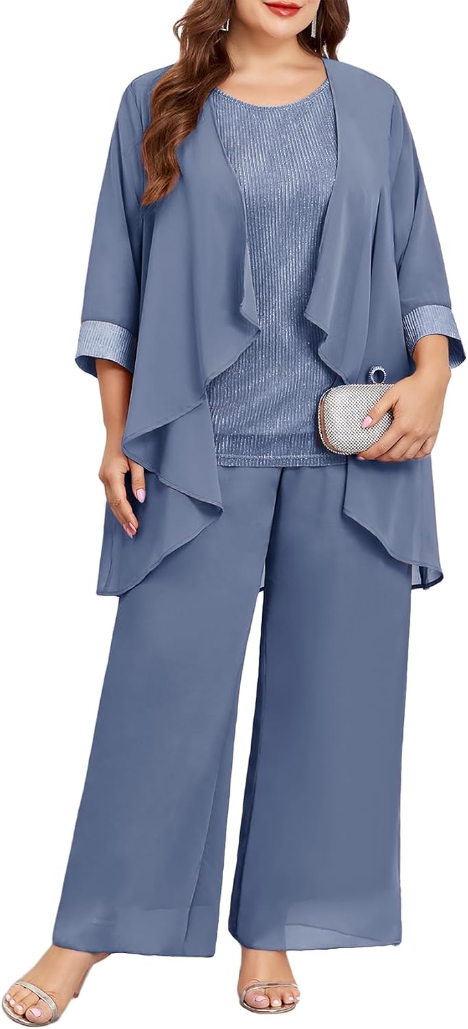 Plus Size 3 Piece Formal Pantsuit Mother of The Bride Groom Sets with Chiffon Jacket Sparkly Wedding Cocktail Outfits