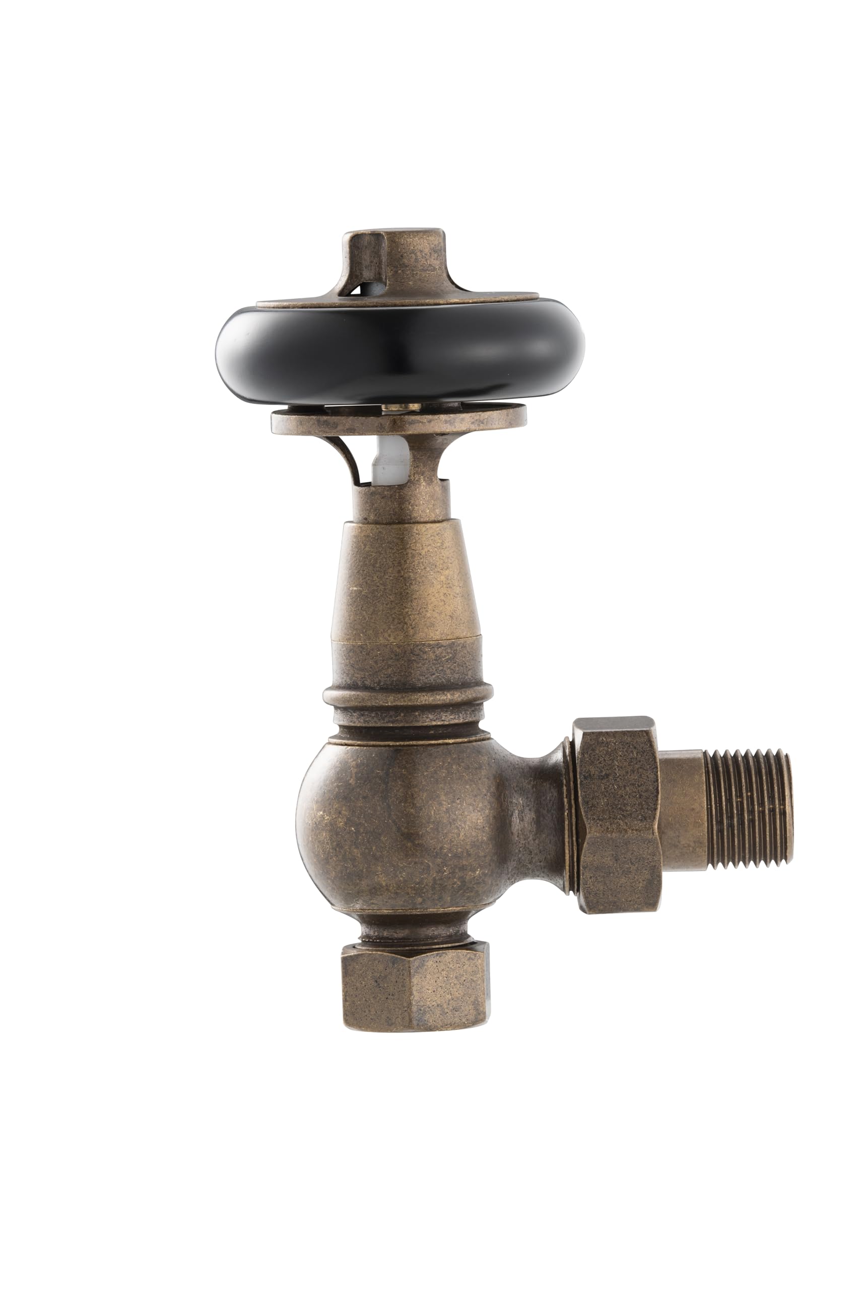 Arroll UK-28 Vanne de radiateur thermostsique traditionnelle en cuivre antique avec tête de roue en bois noir certifié FSC et bouclier de verrouillage