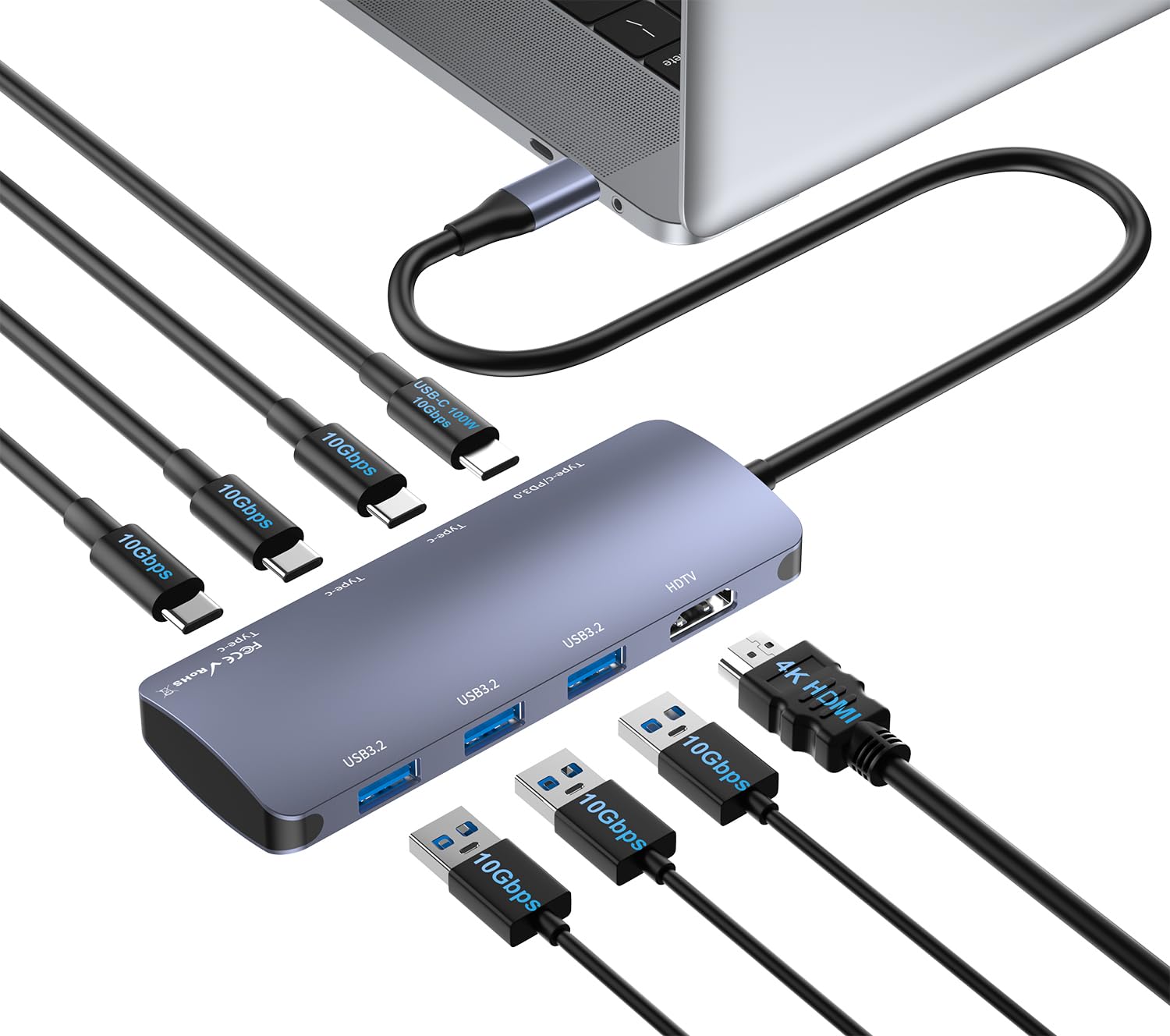Hub USB-C 8-in-1 con HDMI 4K, 10Gbps USB C Hub con 4K@60Hz Video, 100W PD Ricarica, 7×10Gbps(4×USBC3.2 & 3×USB 3.2), Docking Station per MacBook Pro/Air, iPad Pro, Dell, HP e Altro
