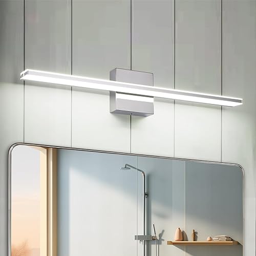 Miniatura 9 de Lámparas de baño modernas regulables, luces LED cromadas para espejo Bathover de 24 pulgadas, apliques de tocador de interior de 16 W, iluminación