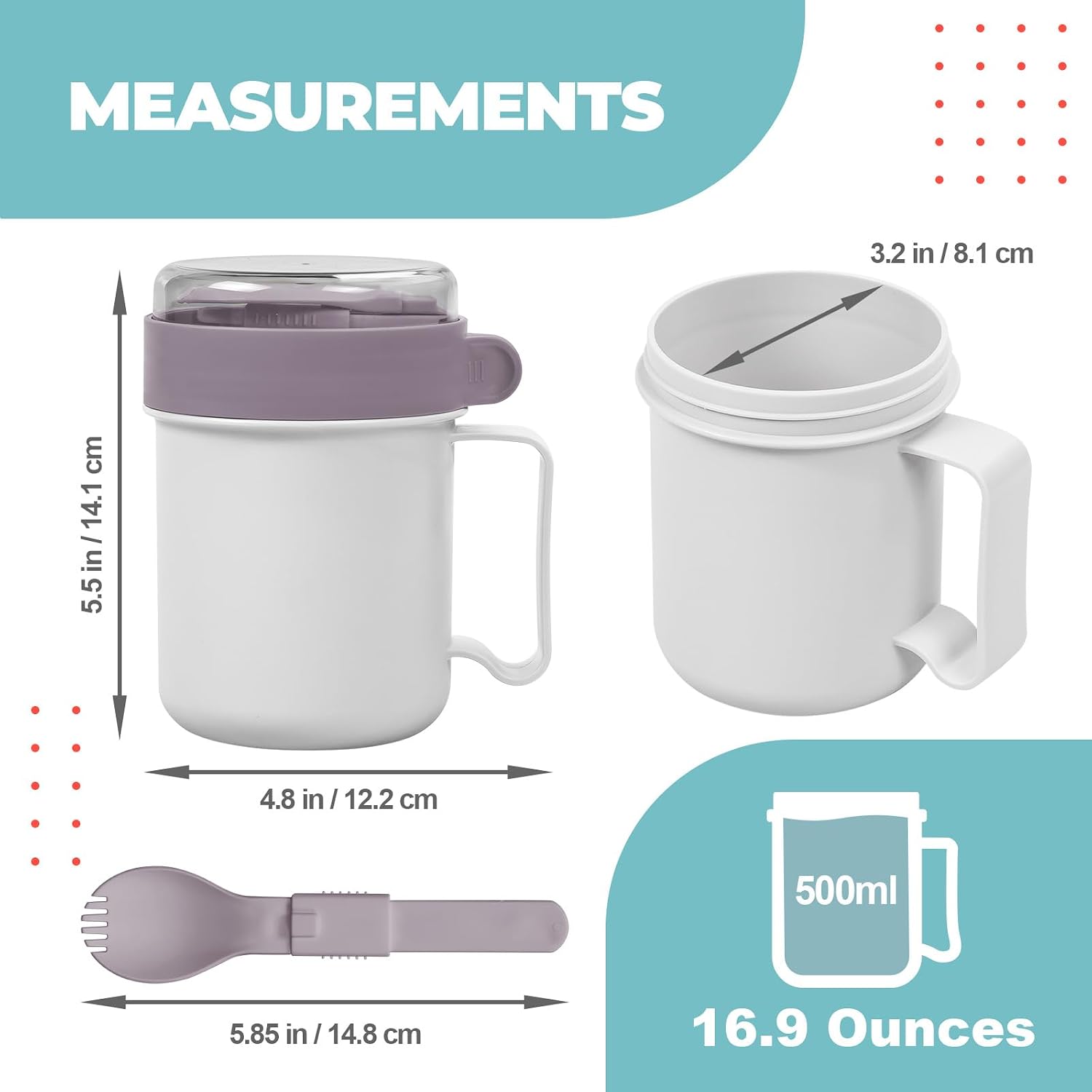 MATICAN Microwave Soup Mug with Lid, Soup Cup Container with Lid for Ramen Noodles, Soup, Beverages, Microwave Safe, Includes Foldable Spork, 17.63 Ounces, Grey