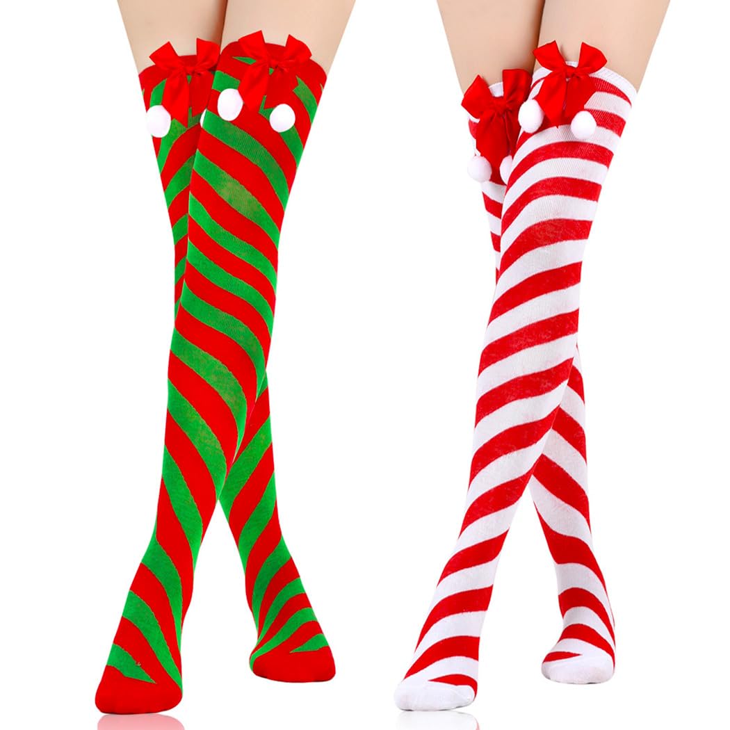 Christmas Thigh High Stockings Bow Striped Stockings Holidays Knee Stocking for Women 2 Pairs