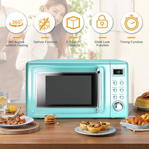 Miniatura 2 de Horno microondas retro, Safeplus de 0.7 pies cúbicos, microondas de 700 W con placa de acero laminado en frío, 5 micro descongelación y función de