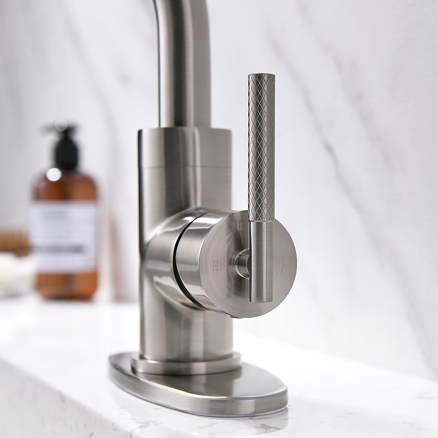 Badezimmer Waschbeckenarmatur In Gebürstetem Nickel - 360° Schwenkbarer Schwanenhals, Einhebelmischer, Mit Pop-Up Ablauf