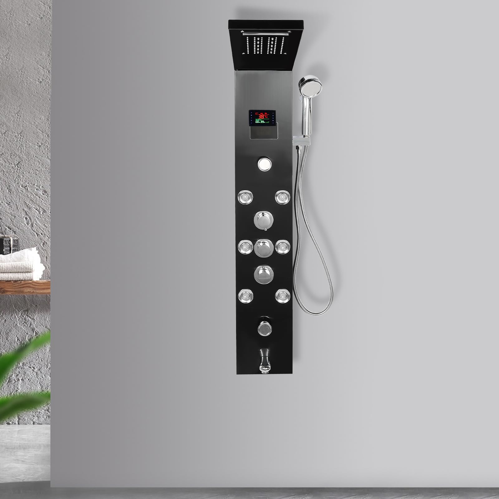 Sistema de ducha LED Panel de ducha de mano, sistema de torre montado en la pared con 8 boquillas de chorros de chorros de cascada de 6 funciones, diseño antigoteo para el hogar, hoteles, resorts