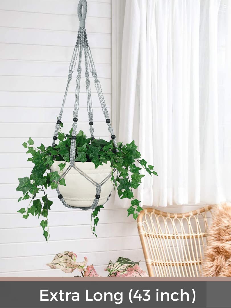2 Stück Eco Joy 109 cm Makramee-Pflanzgefäß-Aufhänger groß für 30.5 cm Topf + Girlhaken,extra lang,Hängender Pflanztopf für Zimmerpflanzen, kein Topf/Pflanze im Lieferumfang enthalten (grau)