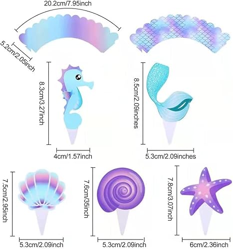 Miniatura 3 de 40 adornos y envoltorios para cupcakes de doble cara de sirena, decoración temática de sirenita para baby shower, bajo el mar, fiesta de cumpleaños