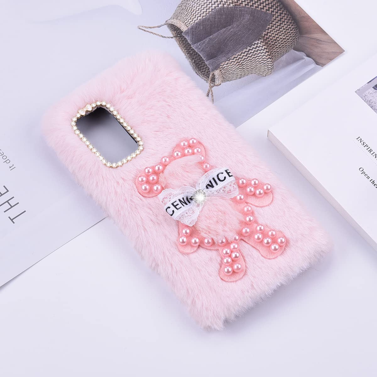 Fluffy Fur Plush Case per Motorola Edge 30 Fusion Custodia Peluche Faux Pelliccia Pelosa e Morbida LOVE Peluche Pom Pom Luccichio Diamante TPU Silicone Bumper Pretettiva Cover Plush Case,Collage Rosa