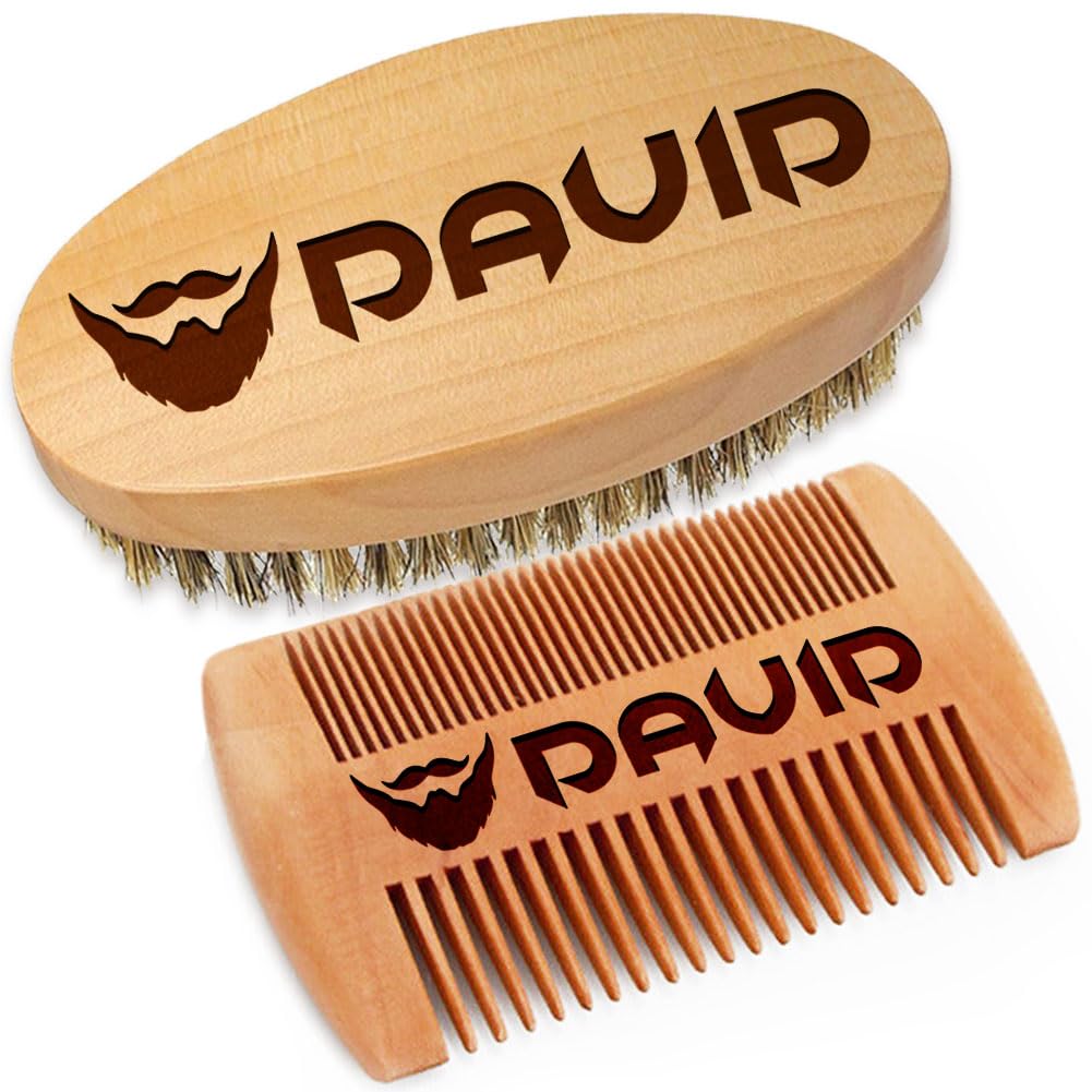 Personalized Name Beard Comb & Beard Brush Set for Men - Natural Boar Bristle Brush and Dual Action Pear Wood Comb w/Velvet Travel Pouch and Gift Box,