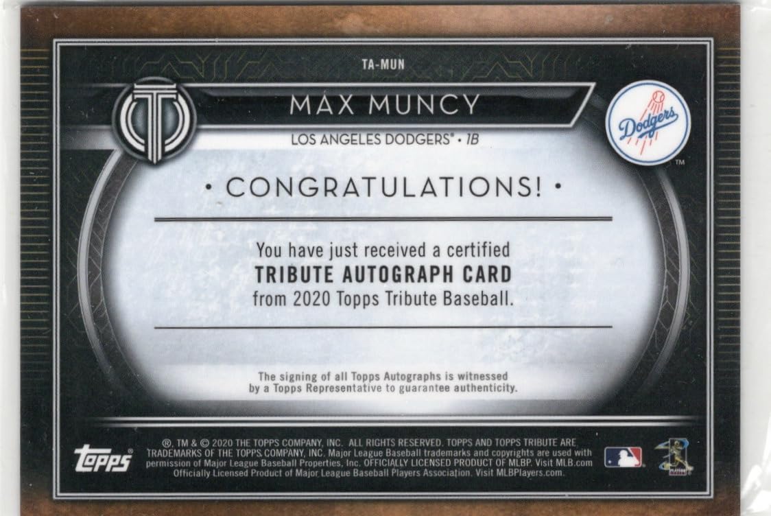 Max Muncy Autographed & Serial Numbered #045/199 Tribute Autograph Collectible Baseball Card - 2020 Topps Tribute Collection Baseball Card #TA-MUN (Dodgers)