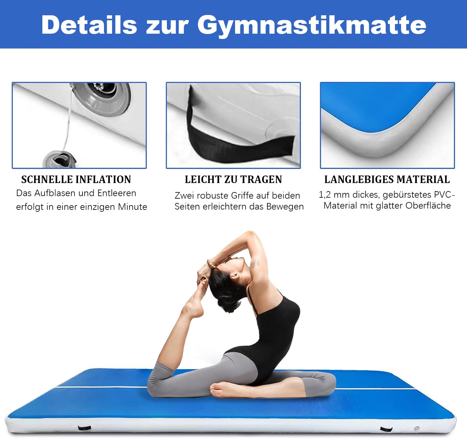 Jacgood（2M Breiter ）4/6M Air Tumbling Matte Aufblasbar mit elektrischer Luftpumpe, 10/20cm hoch Gymnastikmatte mit elektrischer Pumpe für Fitness/Outdoor/Yoga/Training usw