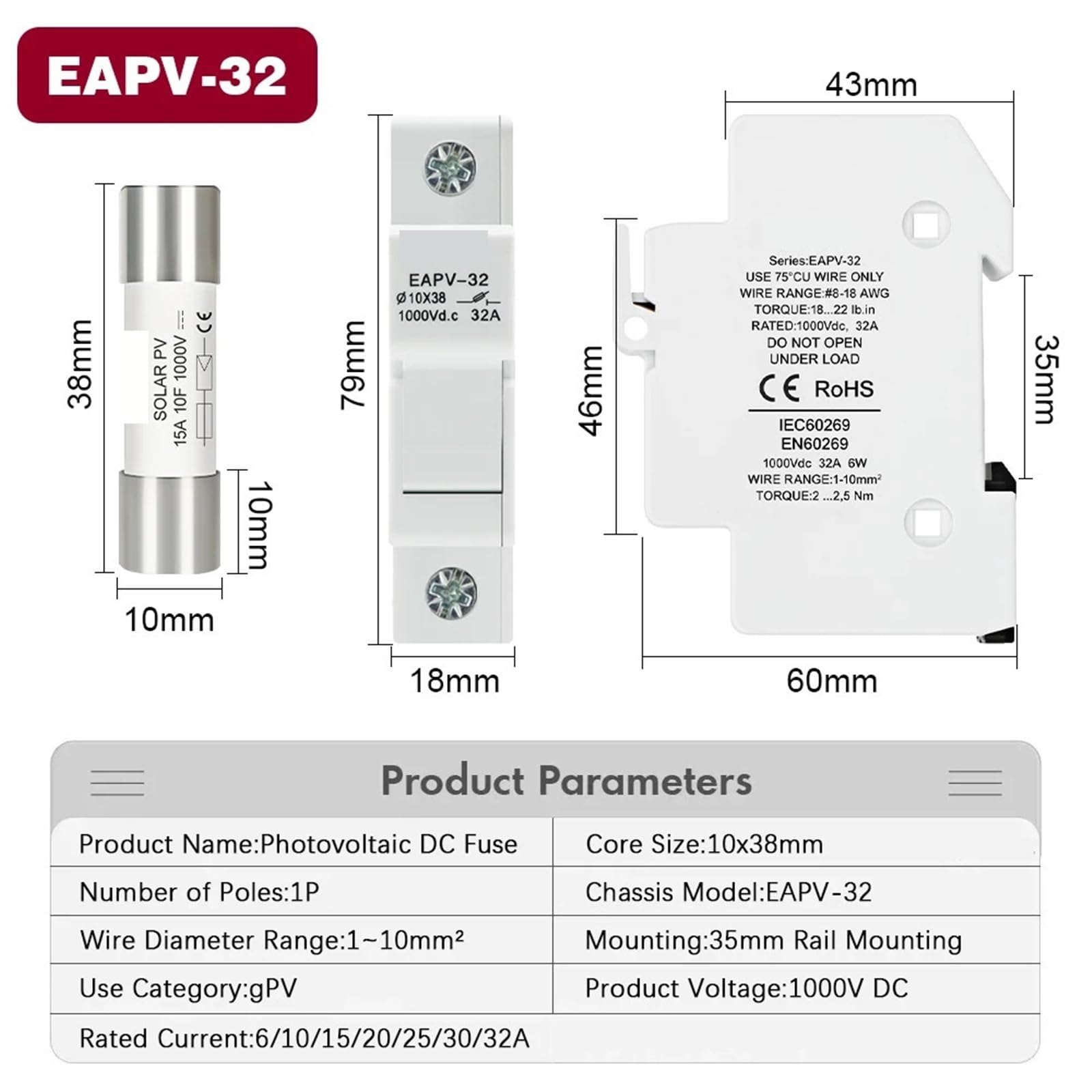 Base portafusibili fotovoltaico 20A 25A 30A su guida Din DC 1000V 1500V(15A,1065 Fuse)