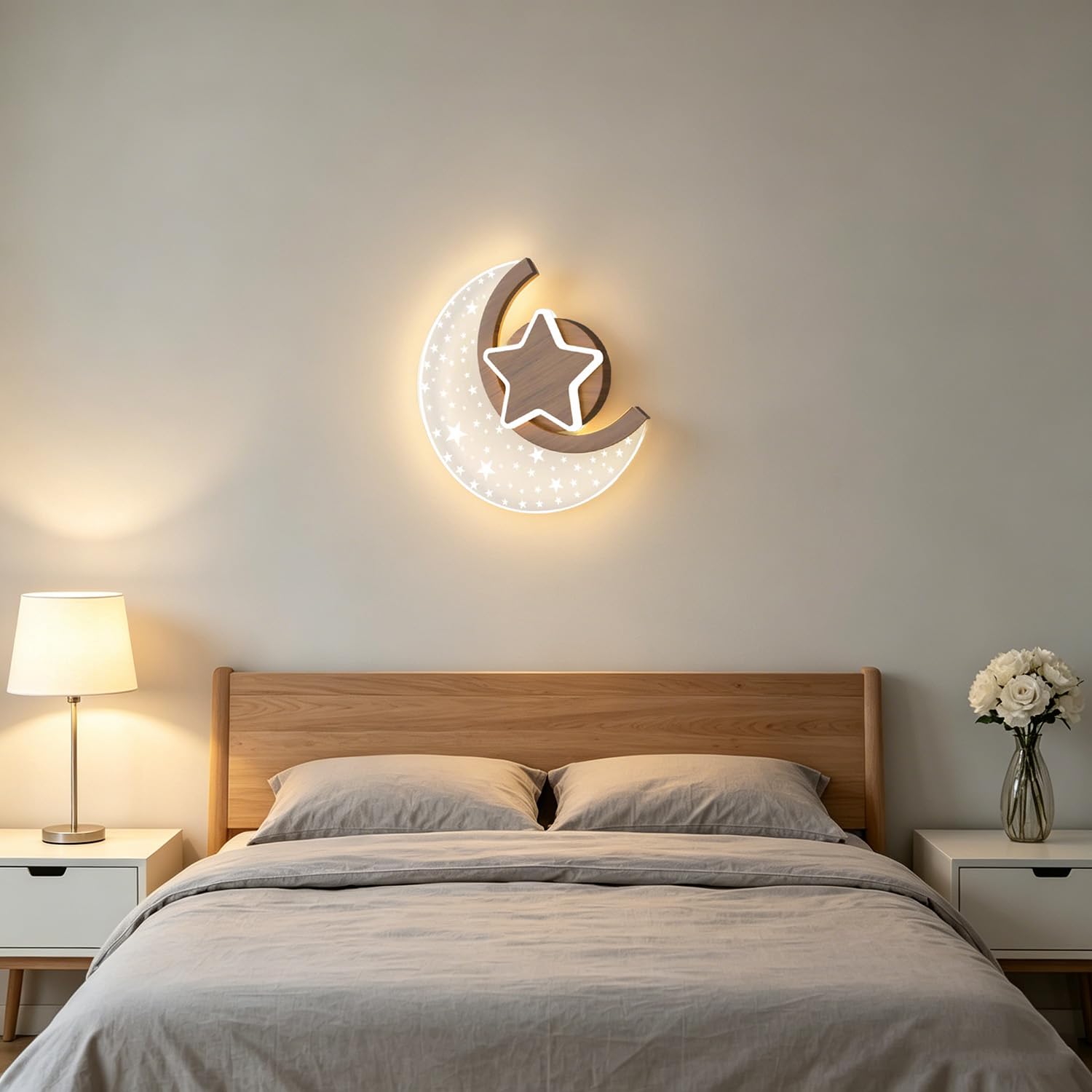 EOEO LED Mond Stern Wandleuchte Innen 12W Kinderzimmer Wandlampe aus Aluminium in Holzoptik 3000K/4000K/6000K Wand Nachttischlampe Junge Mädchen Kinder Wandbeleuchtung für Schlafzimmer Babyzimmer