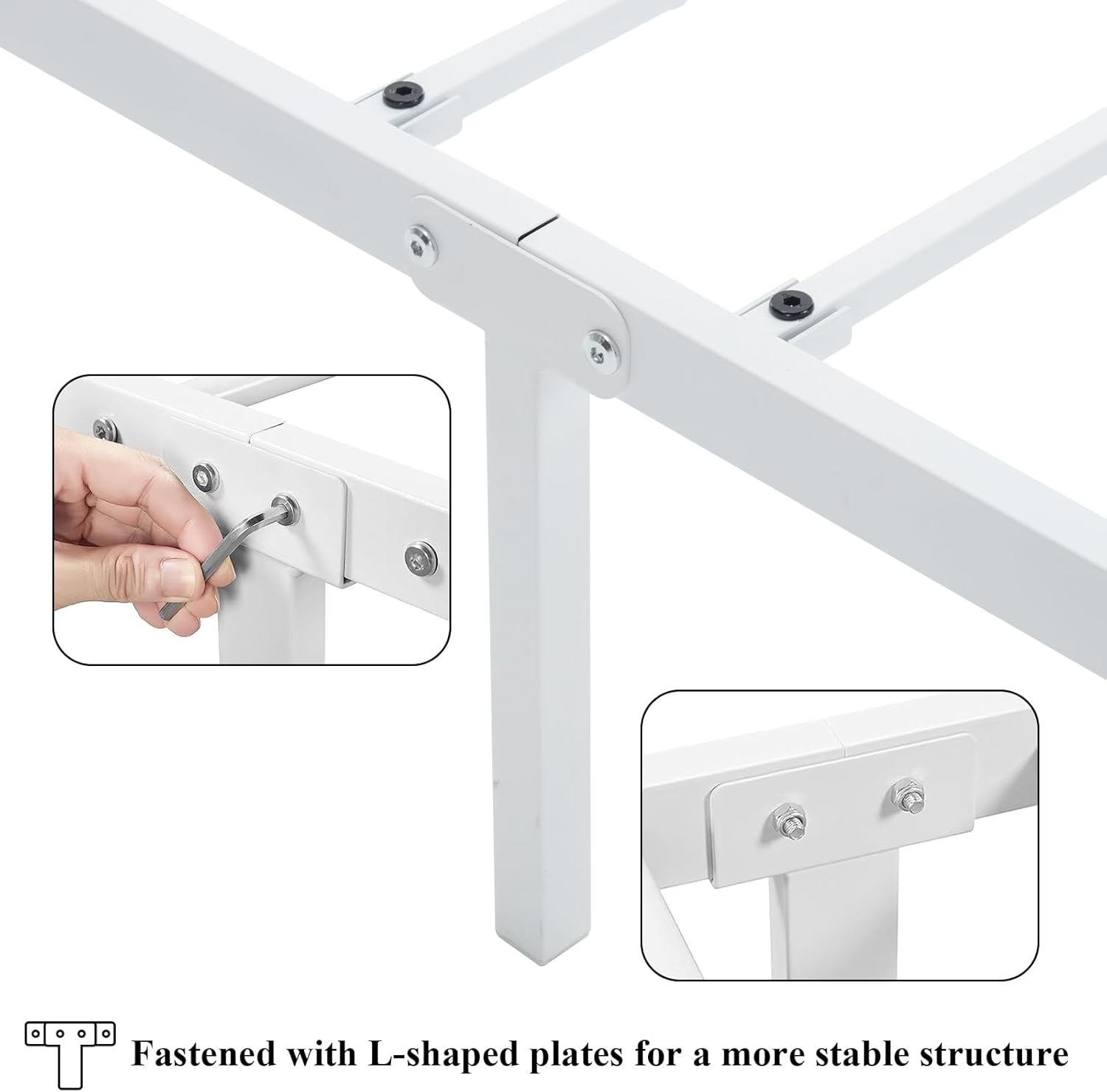 Hand tightening a screw on an L-shaped plate for bed frame stability