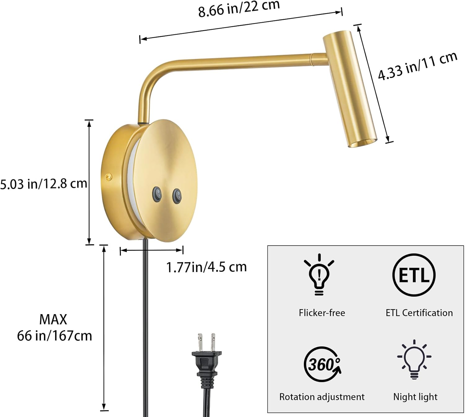 Gold Wall Mounted Reading Light 2 Pack, 3000K Flexible Headboard Reading Sconces with On Off Switch Control, Plug in/Hardwired Wall Light Fixtures with Night Light for Bedside Bedroom Bunk