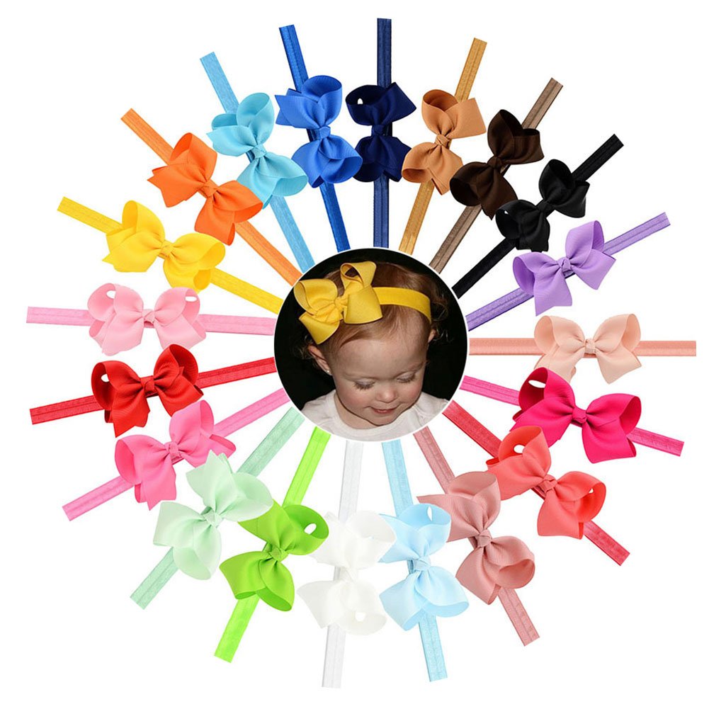 Boboder Baby Girls Headbands Pure Color High Elastic Bowknot Hairband for Kids Toddler Infant 20pcs