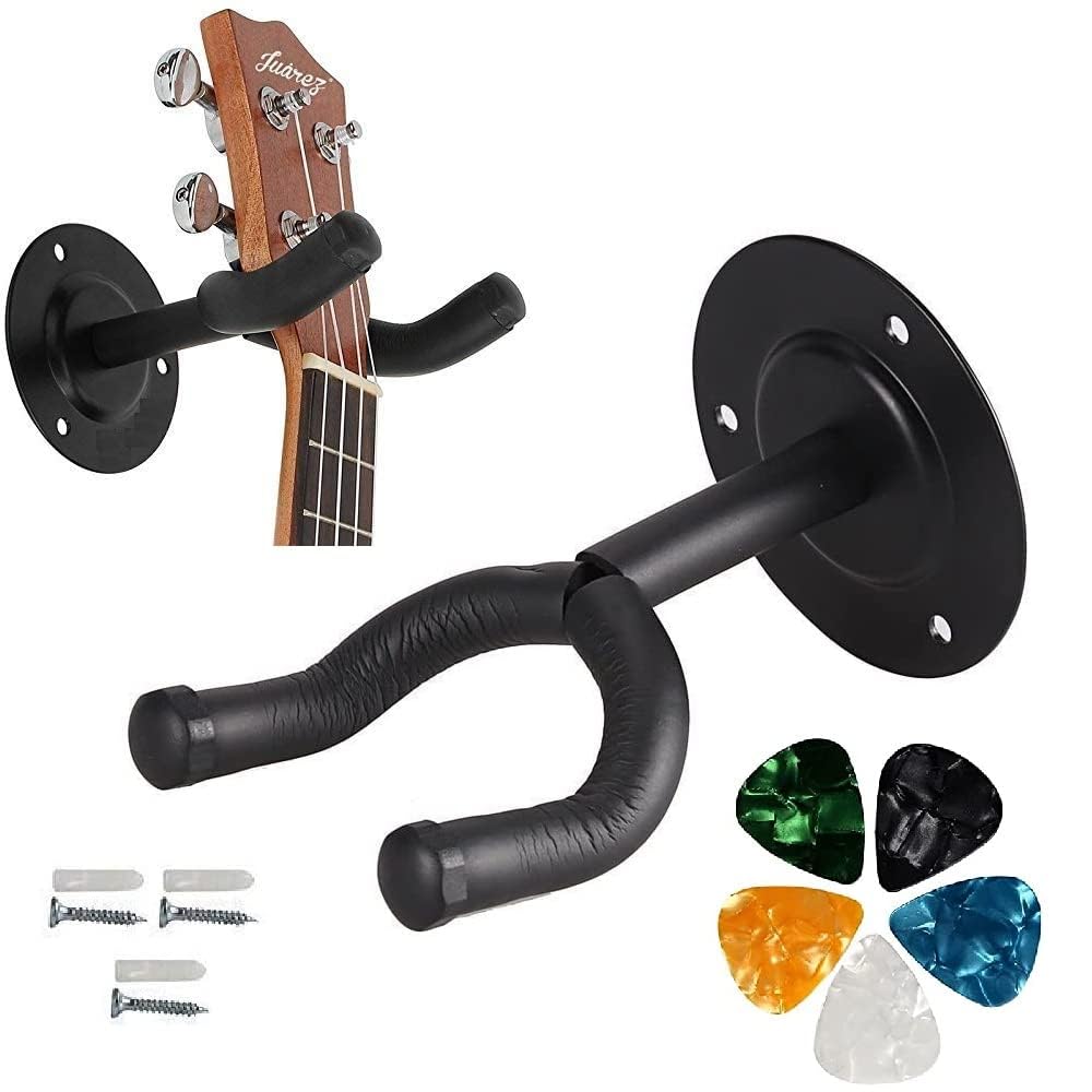 Flare Guitar Wall Mount Hanger Guitar Display Bracket with 3 Screws for Bass, Electric, Acoustic Guitar Stand Wall Mount with 5 Picks (Black, Wall Mount)