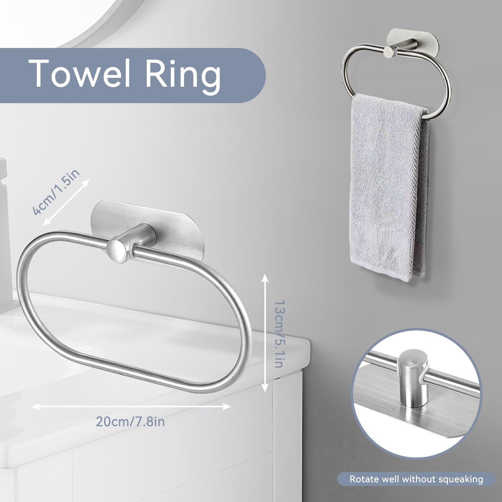 Cyrank Toallero Ovalado para Montar sin Taladrar, Colgador Toalla Baño de Acero Inoxidable, Moderno Toalla Anillo Pared para Pegar, sin Perforación Toallero de aro para Baño Cocina Montaje en Pared