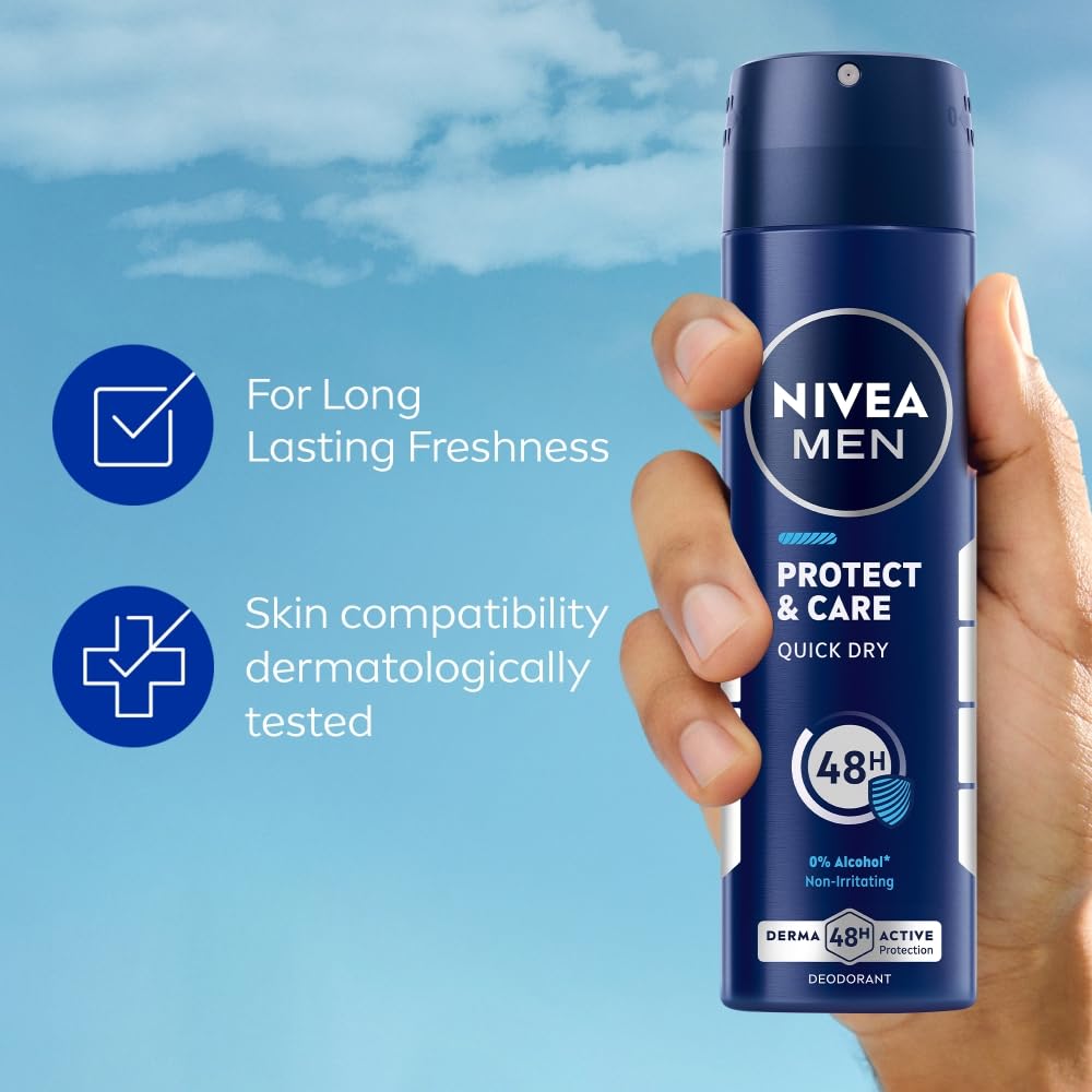 NIVEA Protect & Care Deodorant Spray 150ml – 48h Odour & Sweat Protection with Caring NIVEA Creme Formula, Quick-Drying Gentle Moisturising Body Spray for Soft Skin, for Men & Women