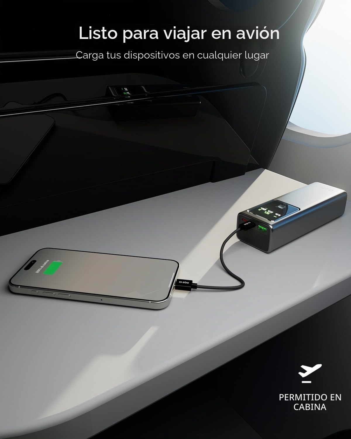 SBS PowerBank LCD 100 W, 20000 mAh, Power Delivery (PD 3.0 PPS), AFC | Power Bank con carga rápida, pantalla LCD avanzada, USB-C, USB-A, cargador portátil de viaje, compacto, gris