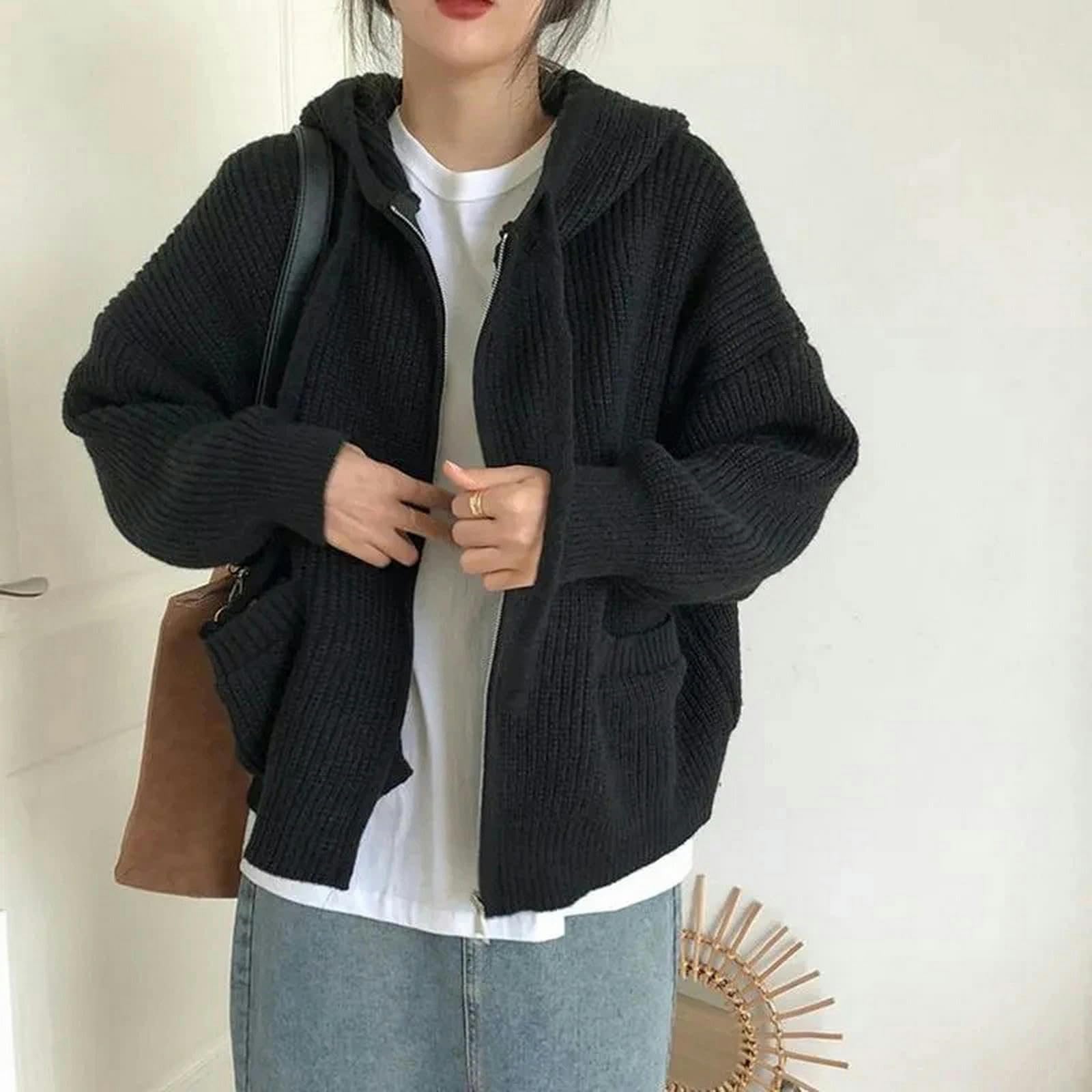 Sweter dla kobiet retro swetry z kapturem damski jednolity kolor dzianinowy sweter luźny swobodny kardigan płaszcz damski jesień zima