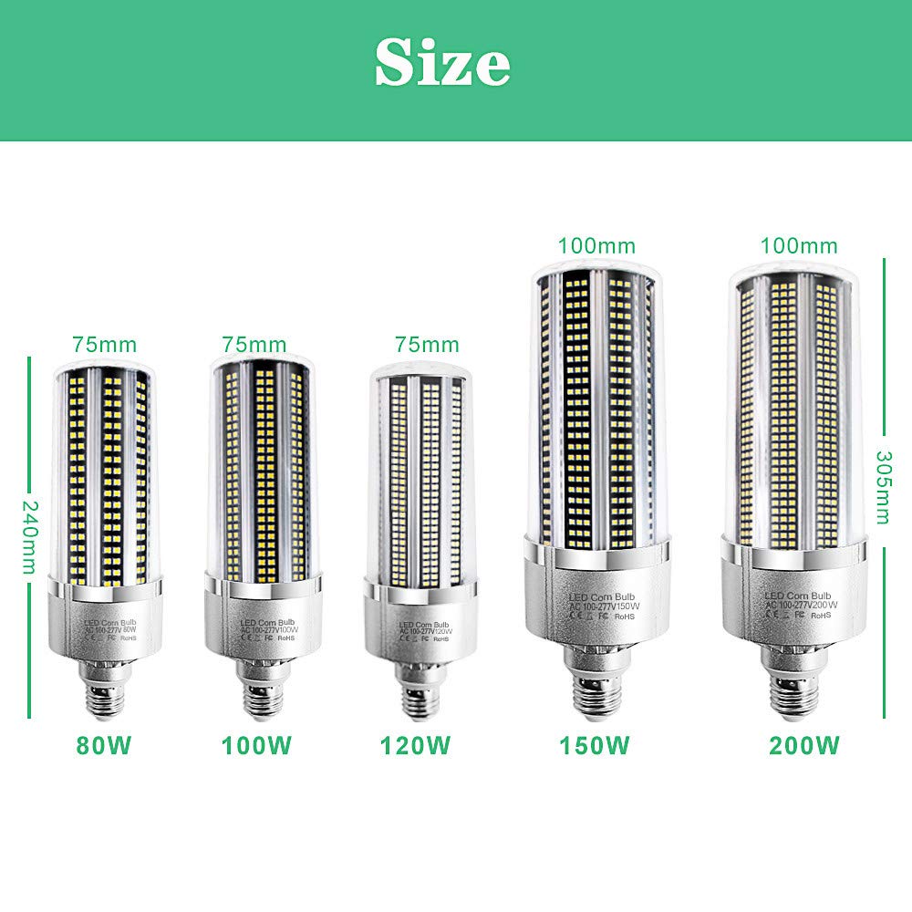 Lámpara LED de maíz de 150 W, 120 W, 100 W, 80 W, bombilla de repuesto E40, lámpara de sodio de metal, White6000k, 100W E27 AC100-240V 80.0watts 240.0volts