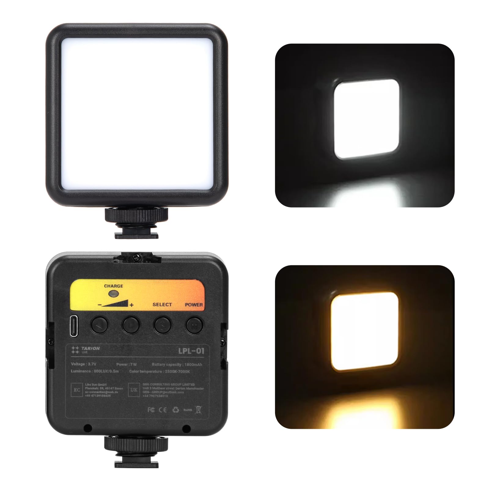TARION Lampe vidéo LED pour caméra - Mini éclairage de caméra Portable Bicolore sur caméra vidéo à intensité Variable 2500-7000K 1800mAh Lampe de vlogging Rechargeable avec 3 Lampes Froides LPL-01