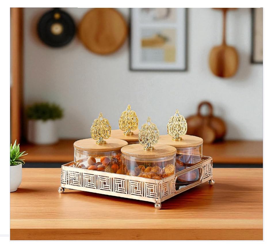 E - Ezra Diwali Serving Dry Fruit, 4 pcs Glass Container Serving Tray Set | 600 ML Each Premium Design Air-Tight Lid Snack Organizer Tray Copper Stand Wooden Lid