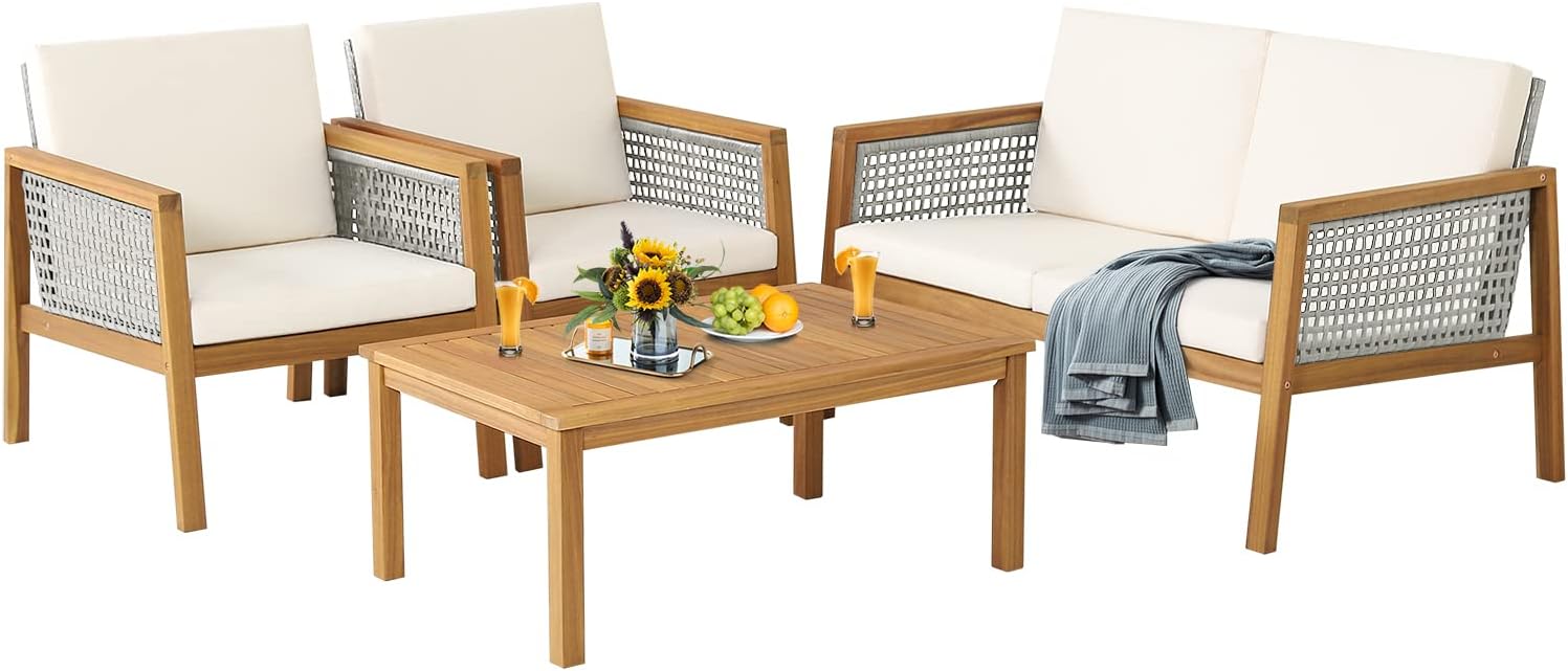 COSTWAY 4 PCS Garden Furniture Set, Acacia Wood Rattan Patio Conversation Set with Loveseat, Sofa Chairs and Coffee Table, Outdoor Sofa Set Wicker Table Chairs for Balcony Lawn Yard (White+Light Grey)