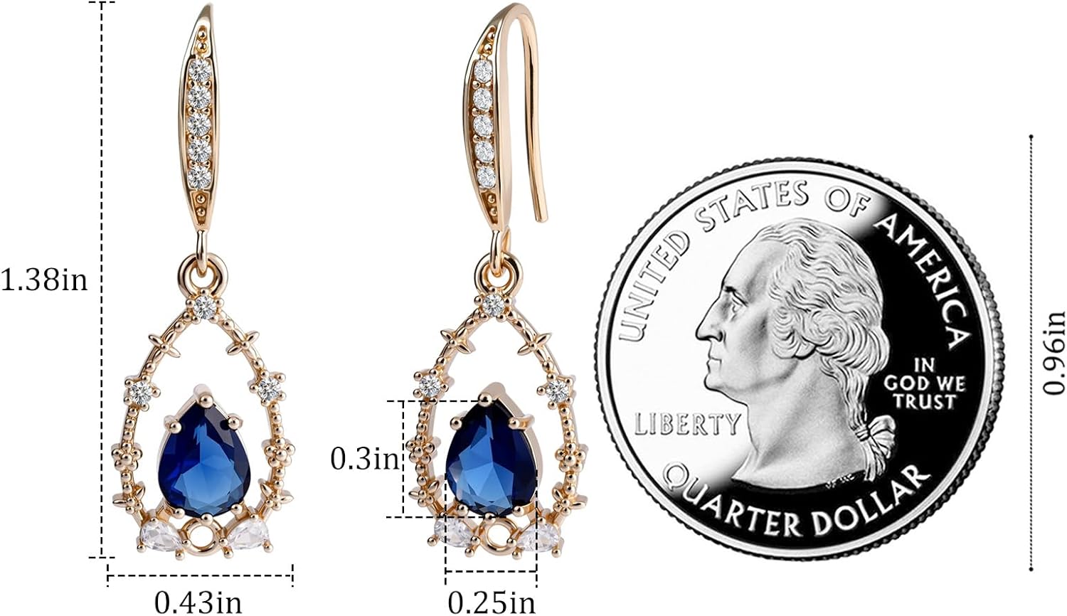 Elegant 14K Gold Plated Drop Dangle Earrings with Teardrop Emerald Sapphire Stone, Birthstone Jewelry for Gift - Image 3