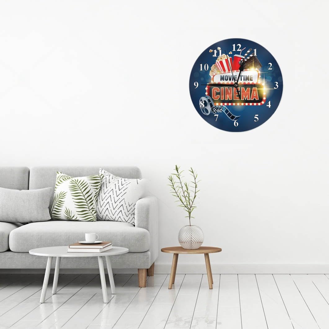 Cinema Movie Modern Wall Clock Round 10 Inch Battery Operated Popcorn Filmstrip Clapboard Tickets Theater Shining Quartz Silent Wooden Clocks Art Wall Decor for Living Room Classroom Bedroom
