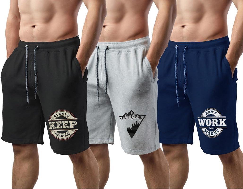 hotfits Men's Black,Grey&Blue Cotton Knee Length Casual Shorts- (M,L,XL,2XL,3XL,4XL,5XL,6XL) Plus Sizes Workout, Running Shorts with 2 Side Pockets -Pack of 3-image-40