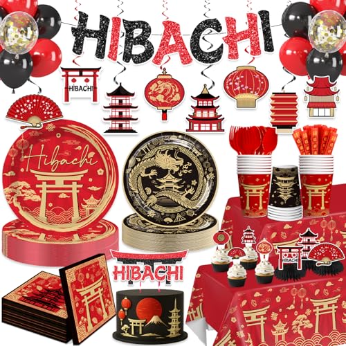 230PCS wellspar Red Gold Hibachi Party Decorations Tableware Set 25 Guests