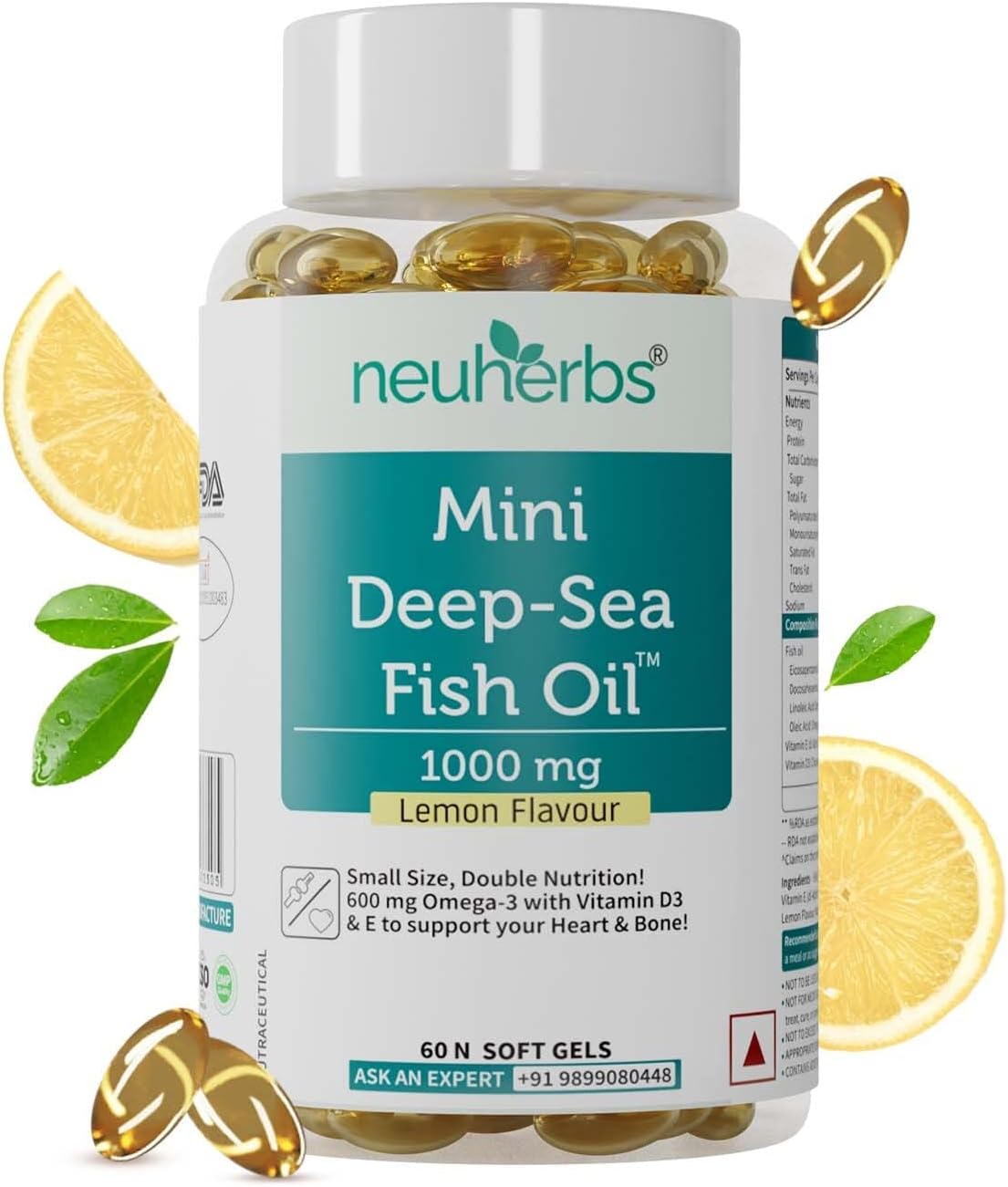 Green Velly Indian Neuherbs Mini Deep Sea Omega 3 Fish Oil 1000 mg With Lemon Flavour- 2X Omega 3, 360mg EPA & 240mg DHA With Vitamin D3 & E Promote Brain, Heart & Bone Health | No Fishy Burps / After Taste | 60 Softgels ( 30 Days Supply )