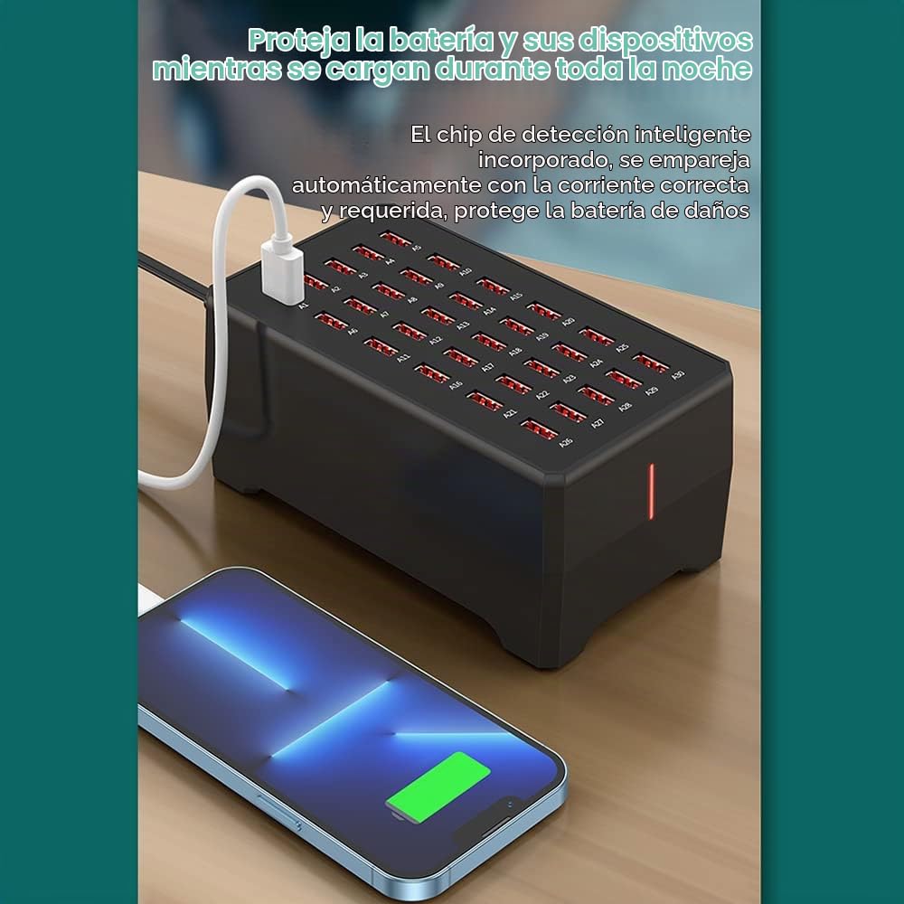 Estación de Carga USB de 150 W Cargador de Enchufe USB Cargador de Escritorio de 30 Puertos Compatible con Sistema iOS y Android para Múltiples Dispositivos