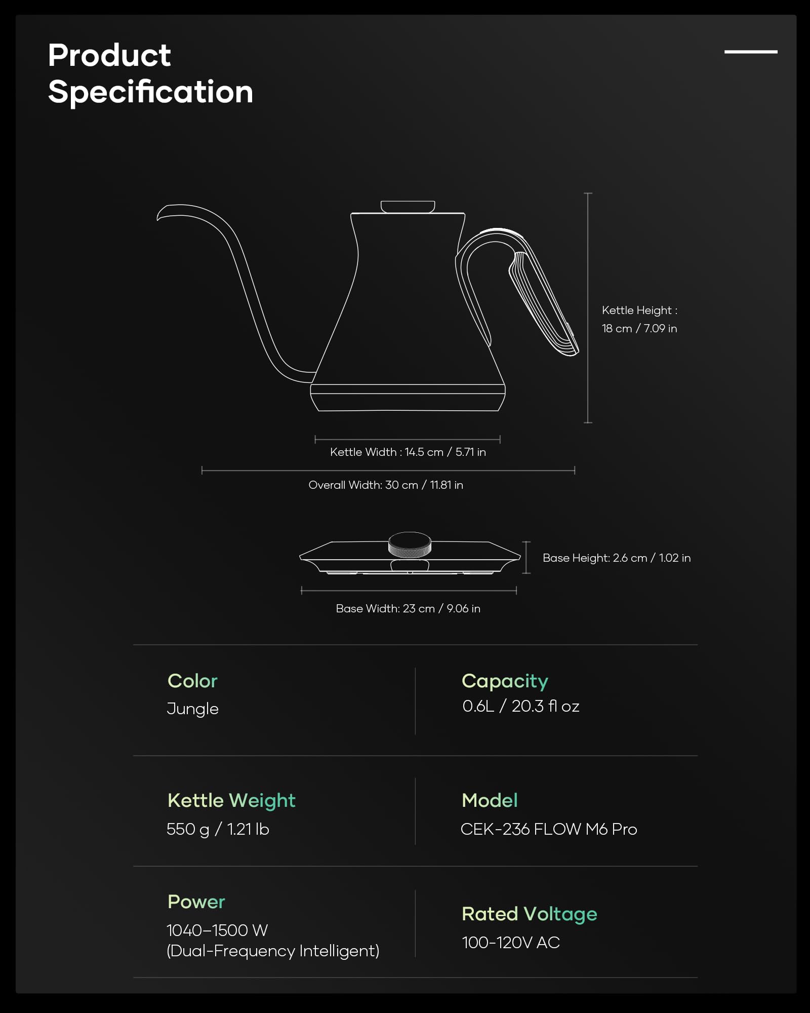 Cocinare Gooseneck Electric Kettle, ±0.5°F Precise Temperature Control, 1500W Fast Heating, Pour-Over Coffee & Tea, Stainless Steel, 0.6L (Color-changing Jungle Design)