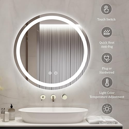 Miniatura 8 de WallBeyond Espejo de baño LED con luces, espejo de baño redondo de 24 pulgadas con luz frontal y retroiluminada, espejo LED antivaho para baño, 3