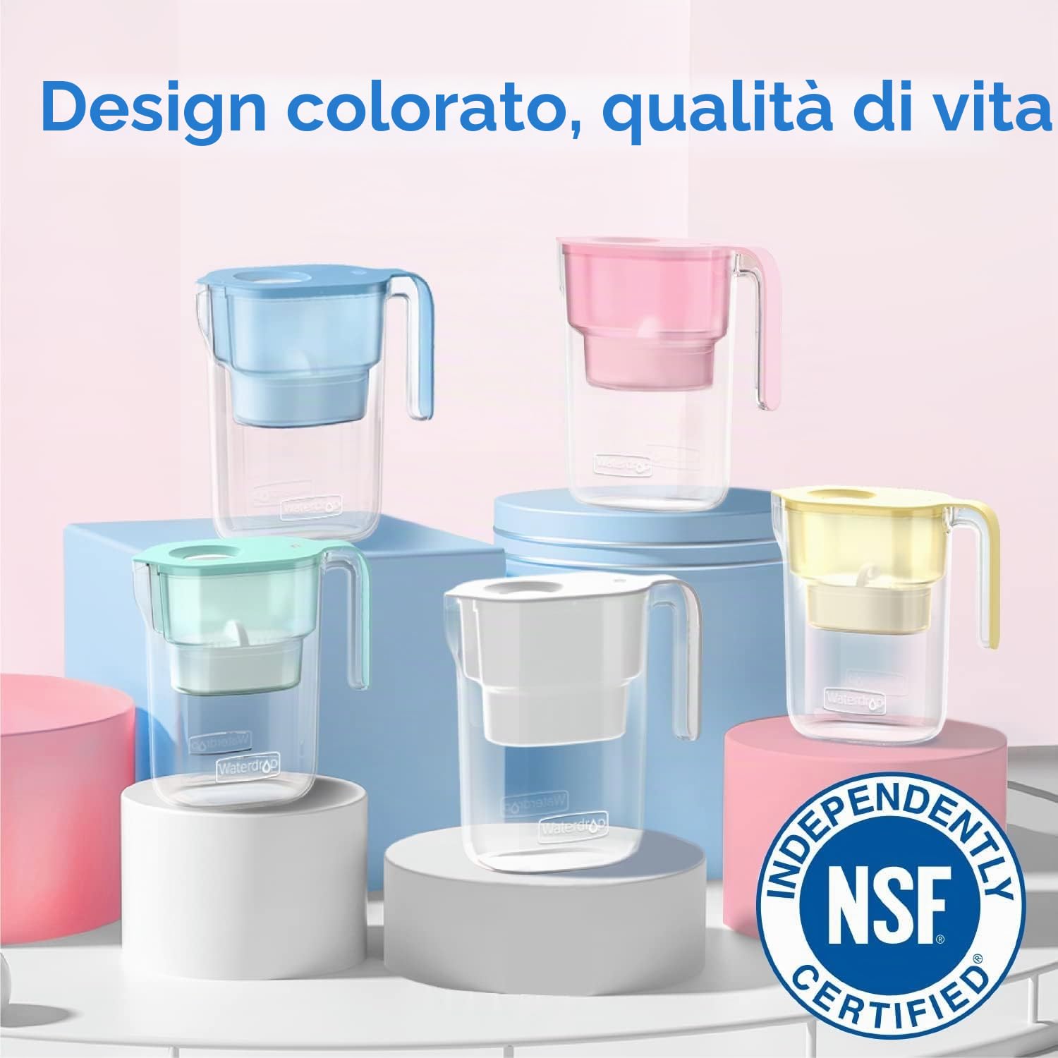 Waterdrop Elfin NSF Certificato 2.5L Caraffa Filtrante per Frigorifero con 1×90 Giorni Filtro, Riduce Piombo, Fluoro, Cloro e Altro, Senza BPA, Rosa (Filtro di Ricambio: WD-PF-01A Plus)