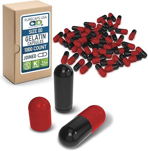 PureCaps USA - Empty Gelatin Capsules Size 00| 1,000 Joined Pills| Black/Red| Non-GMO Certified| SLS, Gluten, Preservative Free