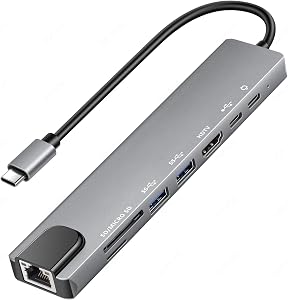 USB C Hub (8 in 1), Multiport Adapter with Gigabit Ethernet, 100W PD, 4K HDMI, USB 3.0/2.0, USB-C Data, SD/TF Slot – for Mac & Windows – 8 Ports