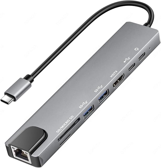 USB C Hub (8 in 1), Multiport Adapter with Gigabit Ethernet, 100W PD, 4K HDMI, USB 3.0/2.0, USB-C Data, SD/TF Slot – for Mac & Windows – 8 Ports