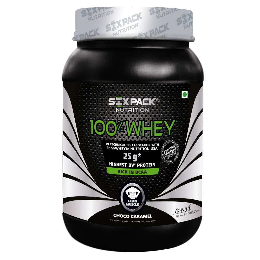 Six Pack Nutrition Whey Protein Powder, with 25 g of Protein Per Serving and More Than 5.6 g of Naturally Occurring BCAAs (1 kg, Choco Caramel)