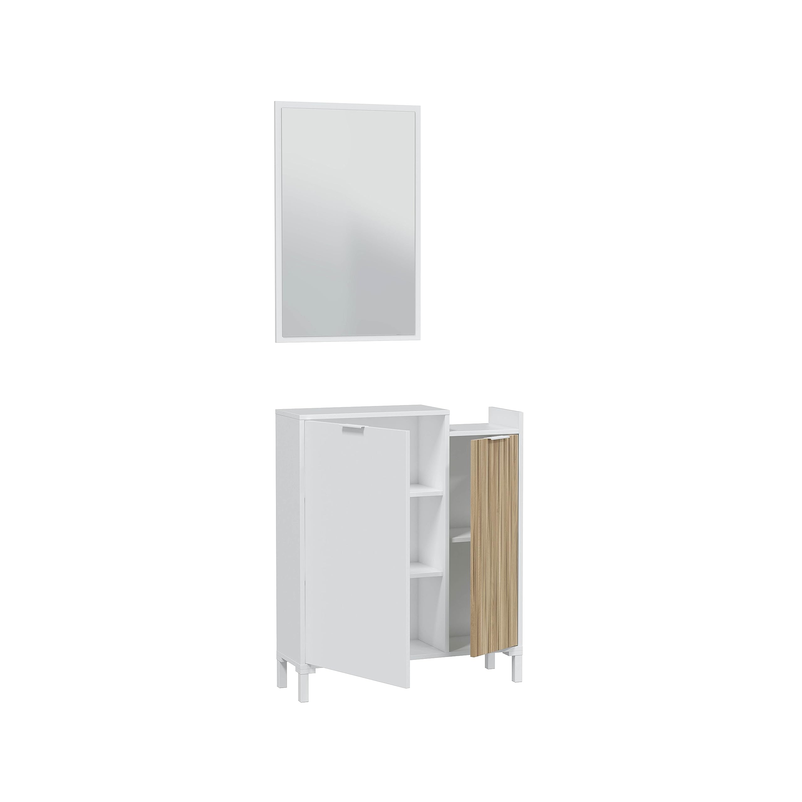 Mobelcenter, Mueble Recibidor Entrada con Espejo, Acabado Color Blanco y Natur, Recibidor Ethna. Medidas Cónsola: 77 cm Ancho x 91 cm Alto x 24 cm Fondo