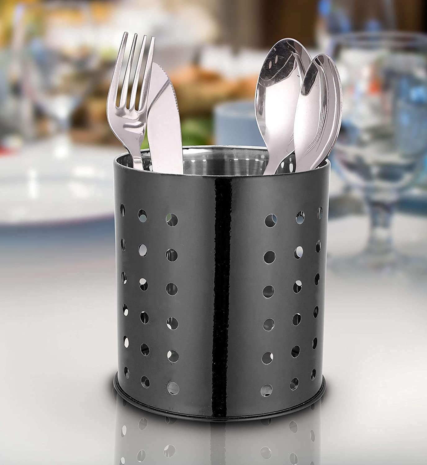 SABBY BRO Stainless Steel Dinner Table Spoon Set - Set of 13 (Contains: 6 Dinner Spoons, 6 Forks, 1 Stand Black, Mirror Finish (Silver)