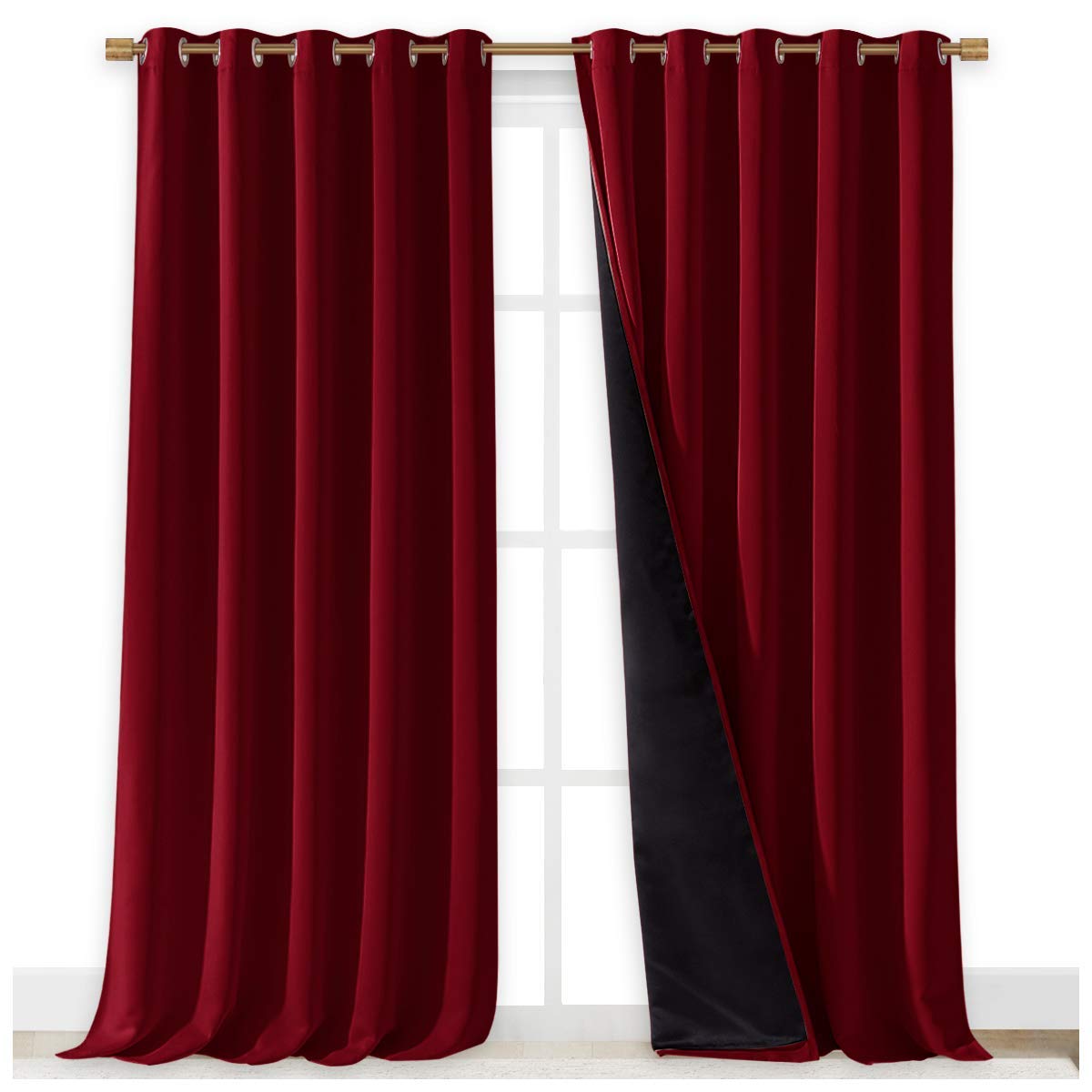 NICETOWN Cold Blocking 100% Blackout Curtains, Durable and Soft Black Lined Blackout Drapes, Energy Saving Long Panels for Patio Sliding Glass Door, Burgundy, 70-inch x 108 inches, 2 PCs