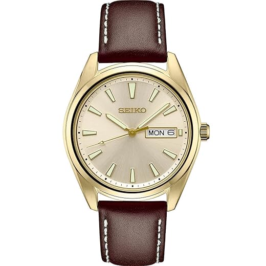 Seiko Relógio masculino - Essentials - calendário de data, pulseira de couro, resistente à água 100 m, Champanhe, One Size, Luxuoso