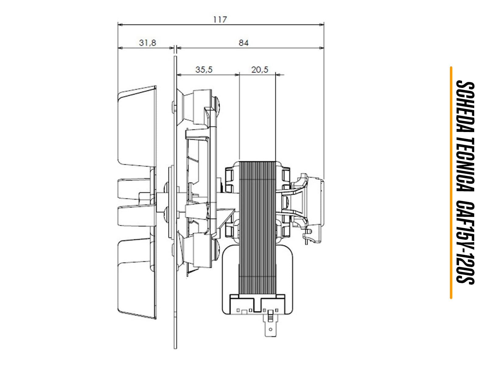 eRicambi, Extracteur aspirateur à fumée Trial CAF15Y-120S pour poêles à granulés, puissance 48 W, nombre de tours jusqu'à 2200 tr/min, ventilateur Ø 150 mm, Ø total 157 mm, roue en acier AISI 430