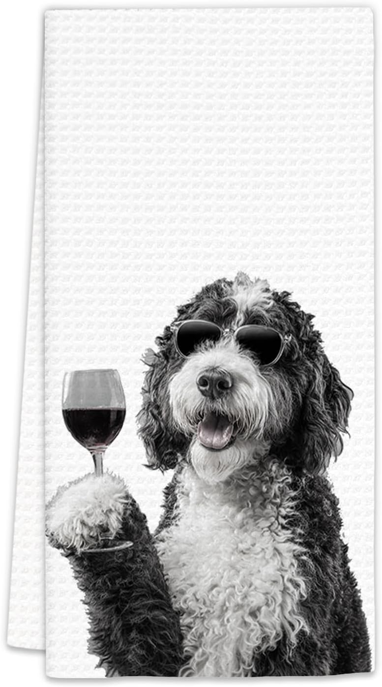 FIicy Bernedoodle Gifts Wine Dog Kitchen Towels, Gifts for Bernedoodle Dog Wine Lovers Decorative Hand Dish Towel for Kitchen Home Bar, Funny BernedoodleDog WineLover Home Bar Kitchens Decor(16x24In)