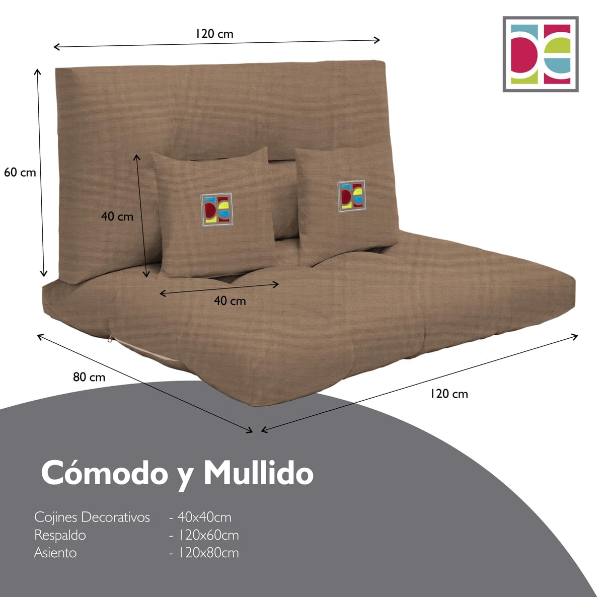 Cojines para Sofá de Palets Exterior 120x80 + Respaldo 120x60 – Pack Completo con Asiento, Respaldo y 2 Cojines Decorativos Bordados – Estilo Chill out para Terraza y Jardín (Café)