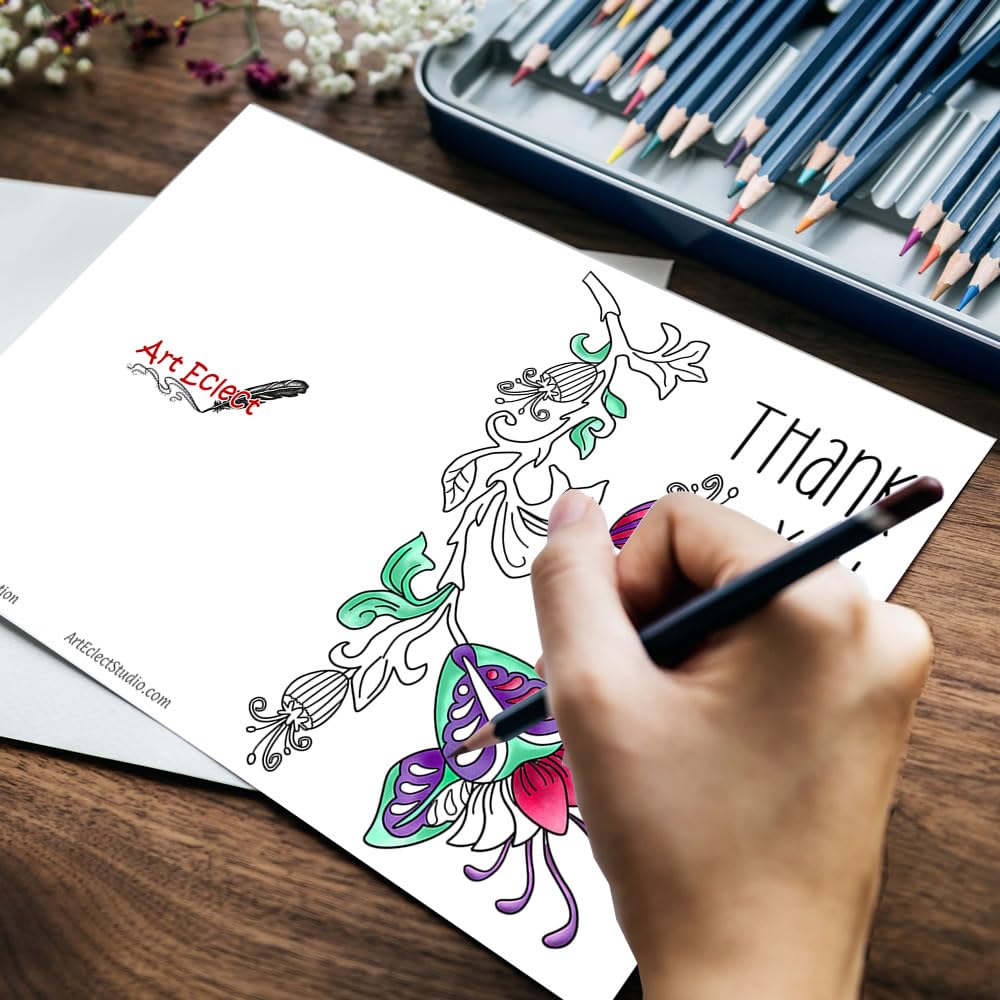 Art Eclect Tarjetas de agradecimiento para colorear para adultos, 10 tarjetas con diseños únicos y 10 sobres blancos (ThankYou/10)